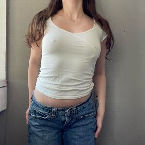 Brandy Melville John Galt White Baby Tee with Ruched Side Detail